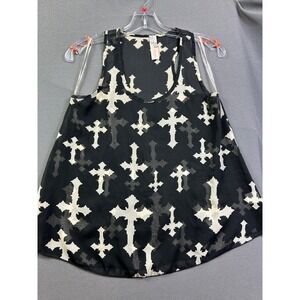 Yahada USA Women Medium Black Sheer Chiffon Gothic Cross Print Tank Top AT1000